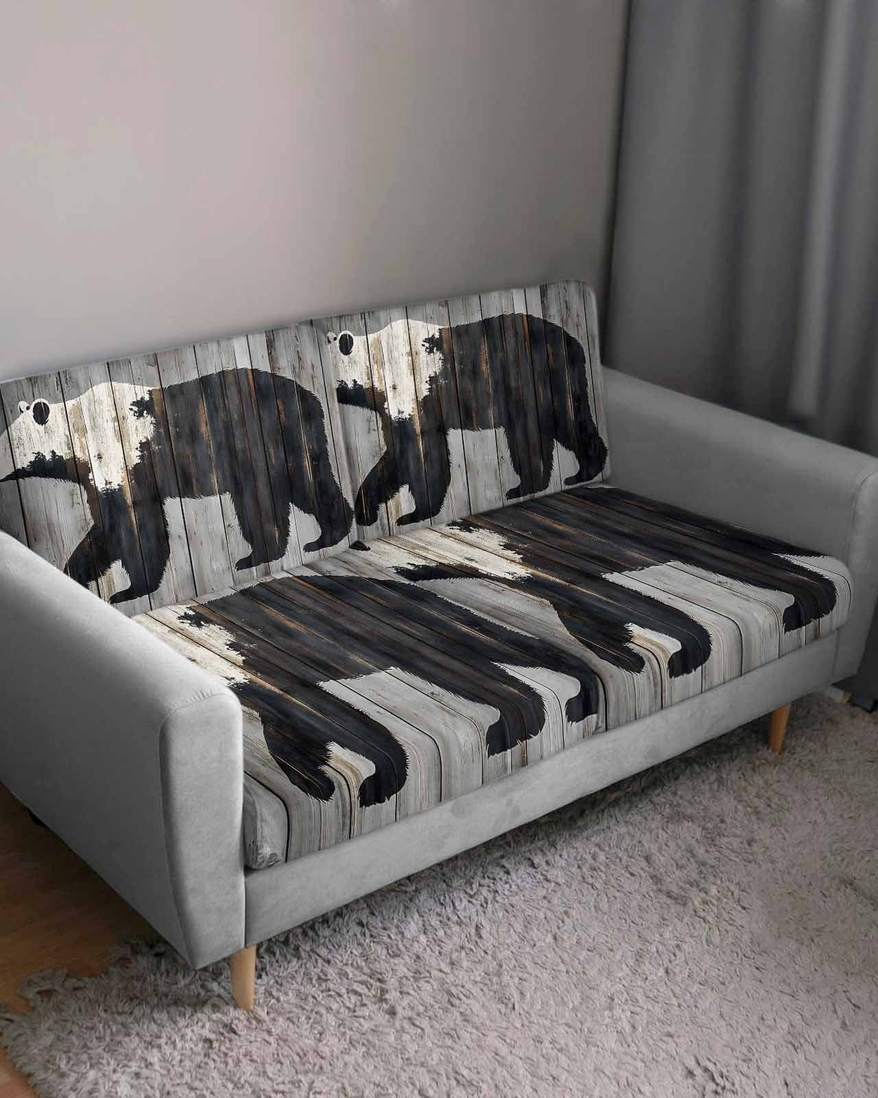 Black White Bear Sofa Couch Cushion Covers Washable, Removable Stretchable Sectional Couch Covers, Vintage Country Rustic Wooden Grain Slipcovers for L & T Shape Sofa Furniture Protector S Size 3 pcs