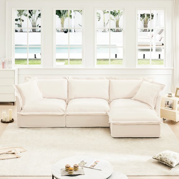 Removable Cover Sectional Couch, Comfy Chenille Deep Seat, Cream Breathable Seat For Office,
