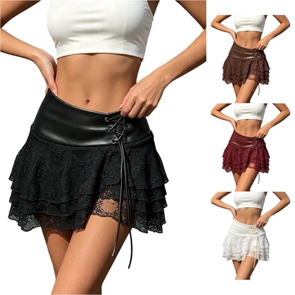 Wxolcjlv Womens Lace Tiered Mini Skirt Faux Leather Waist Lace‑Up Detail Club Short Skirts