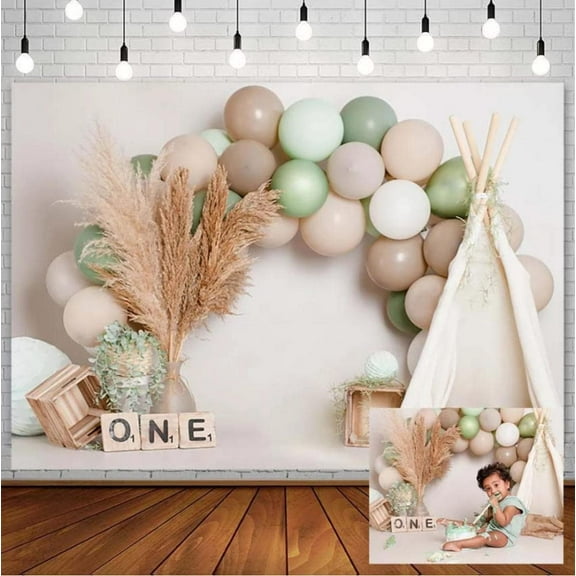 7x5FT Pretty Photography Background 1st Birthday Party Backdrops Boy Cake Smash Green Balloon Tent Floral Photography Background Photo Studio