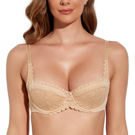 

Deyllo Lace Underwire Balconette Bra 1/2 Cup Sheer Unlined Demi Non Padded Bra See Through Beige 32C