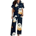 thumbnail image 4 of Pijama de manga corta con cuello vuelto para mujer, con bolsillos y estampado de Halloween, cintura elástica, de poliéster, 4 of 5