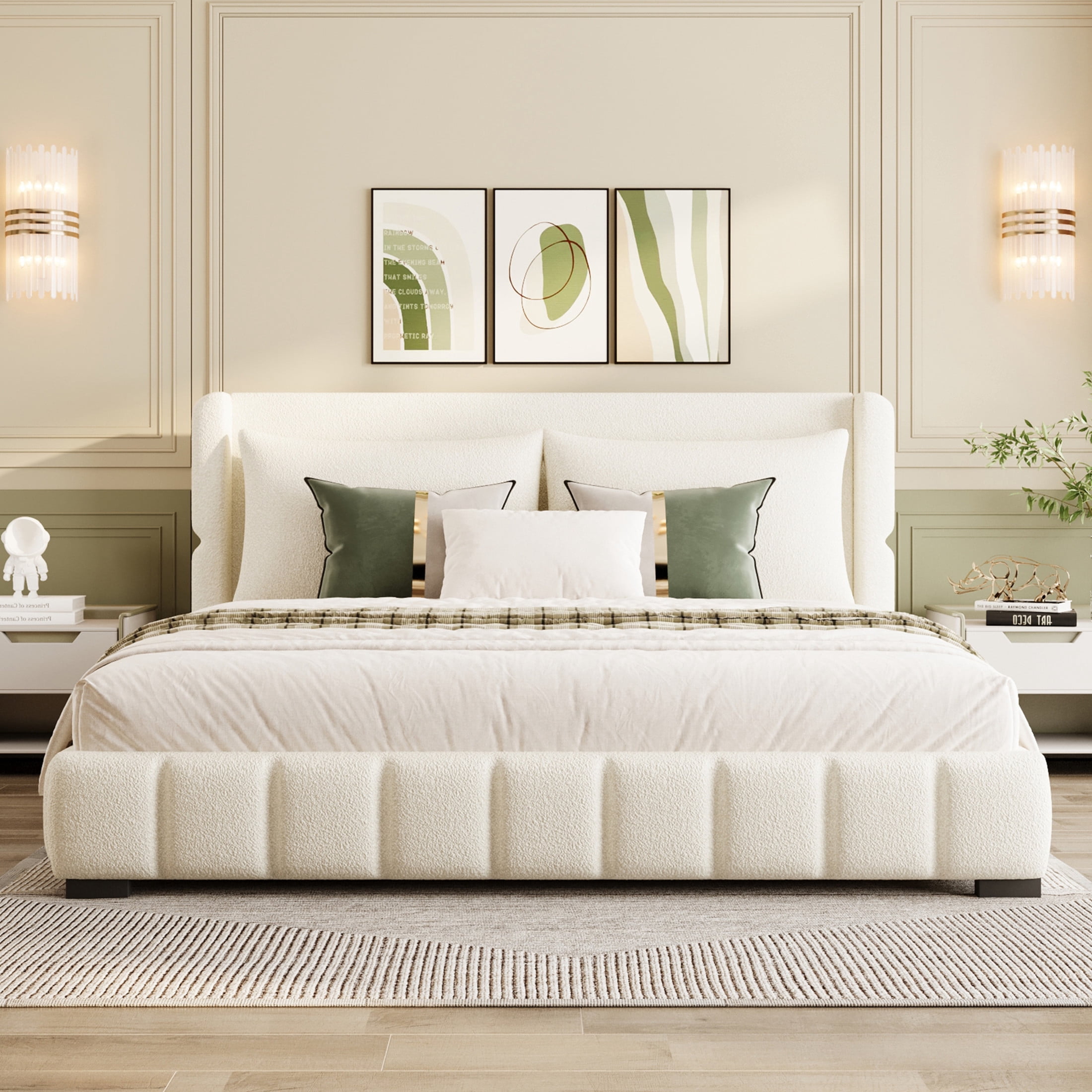 Noble House Rowena Queen Size Velvet Upholstered Platform Bed with Matching Pillows, Sturdy Wood Frame, White