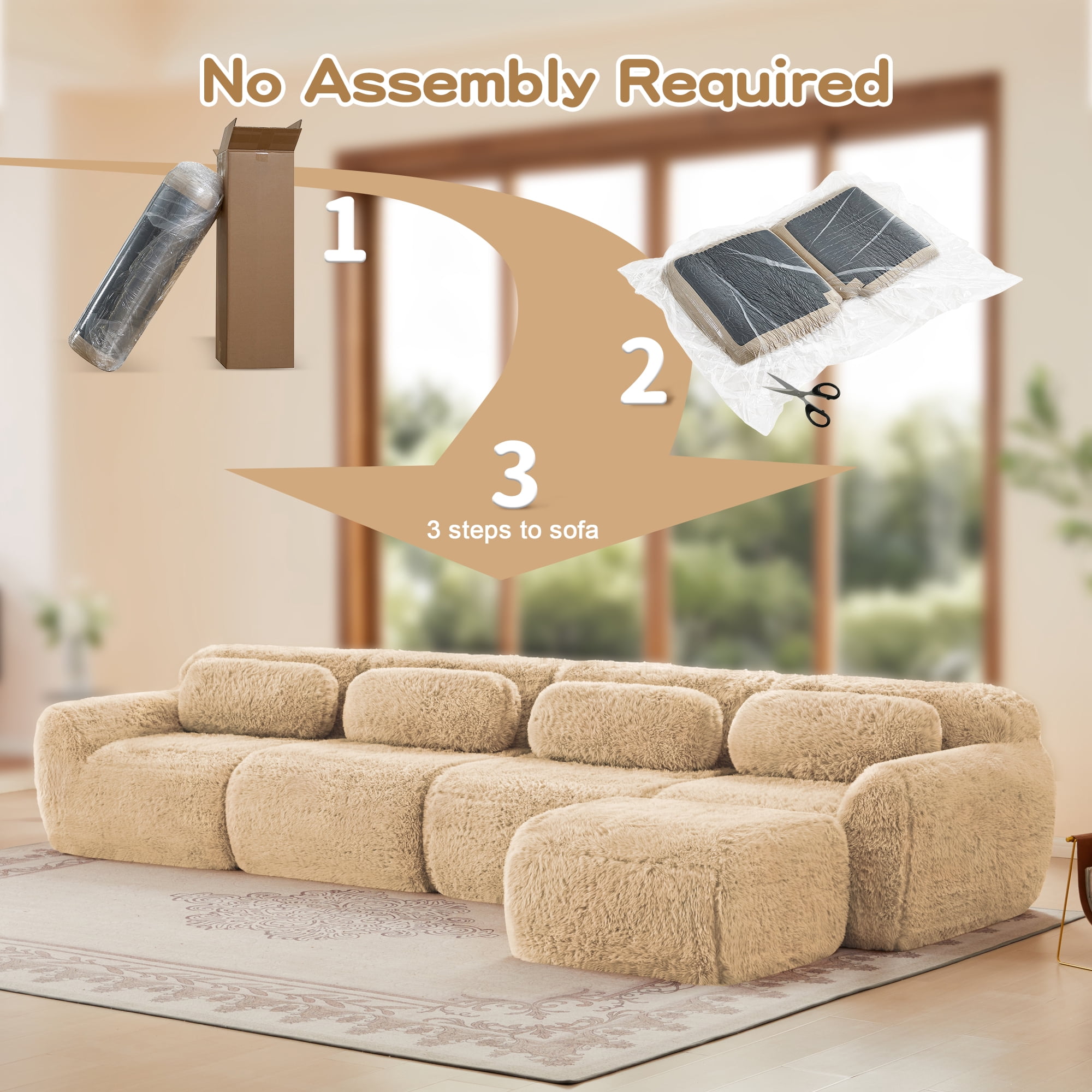 MAYEERTY 149" L-Shaped Plush Modular Sectional Couch, Khaki 32D Foam, Non-Slip Base, Buckle Connection Free Combination No Assembly Sofa for Living Room