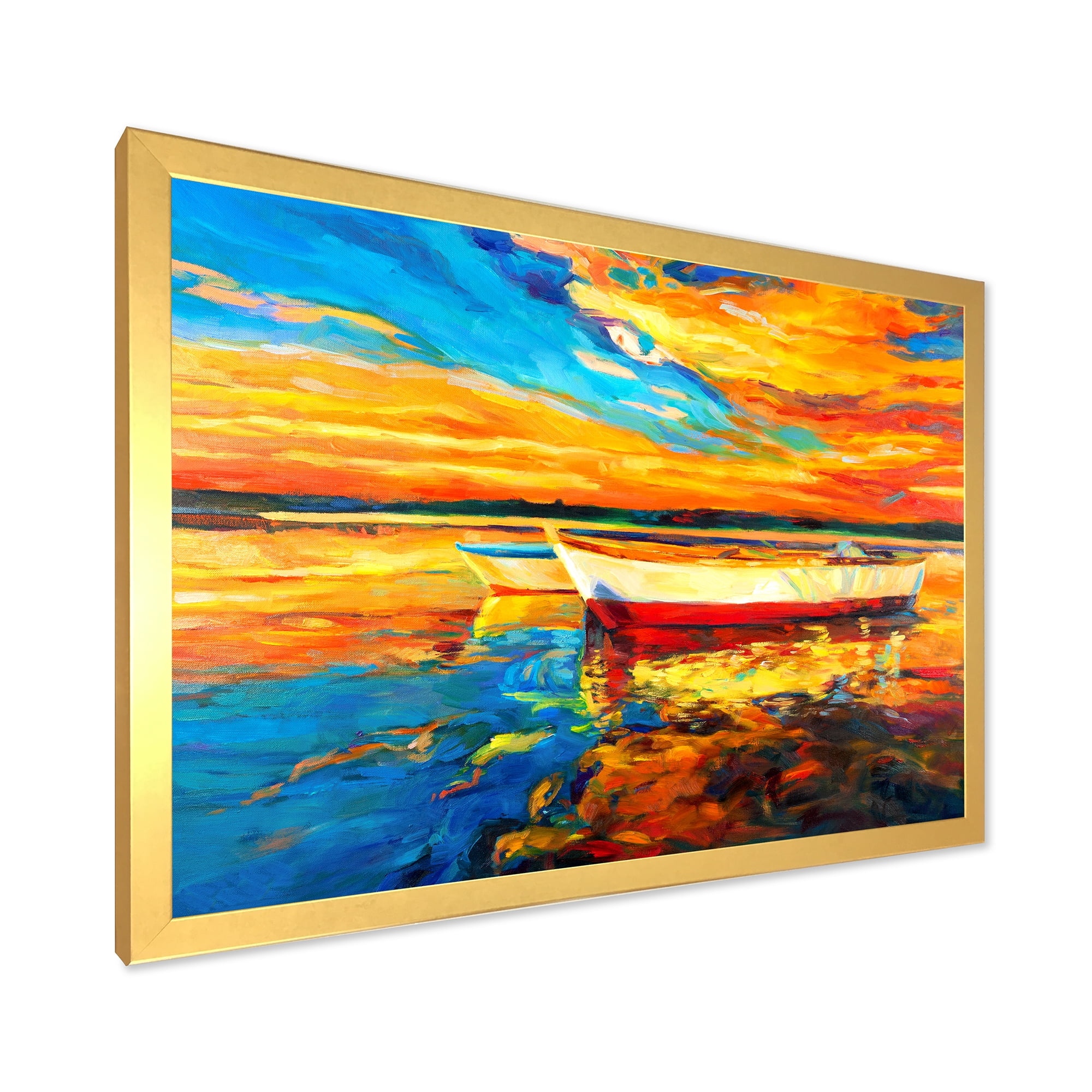 Designart 'Red and White Boats By The Pier At A VIbrant Sunset' Nautical & Coastal Framed Art Print