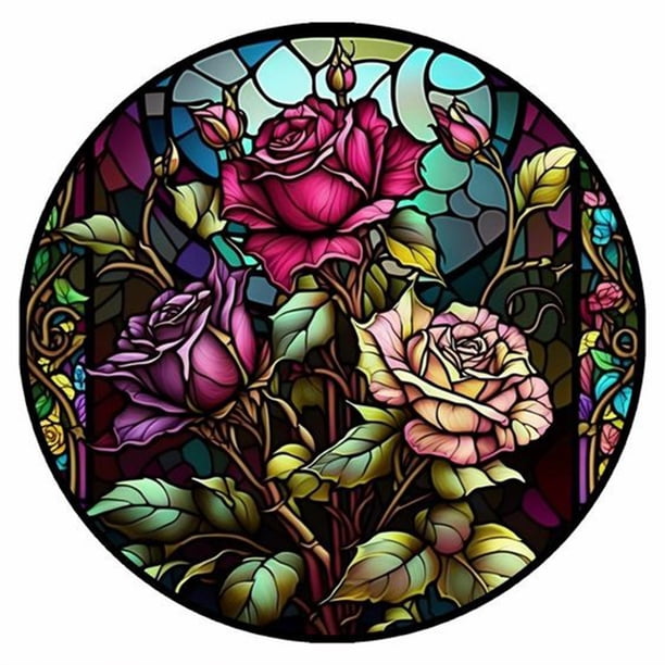 (NH3806) Pintura Cristal Redonda Con Diamantes Serie Abstracta Rosas Pintura Diamantes Redondos Resina 30x30CM