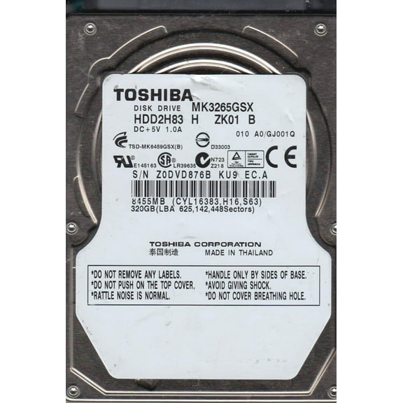 MK3265GSX, A0/GJ001Q, HDD2H83 H ZK01 B, Toshiba 320GB SATA 2.5 Hard Drive