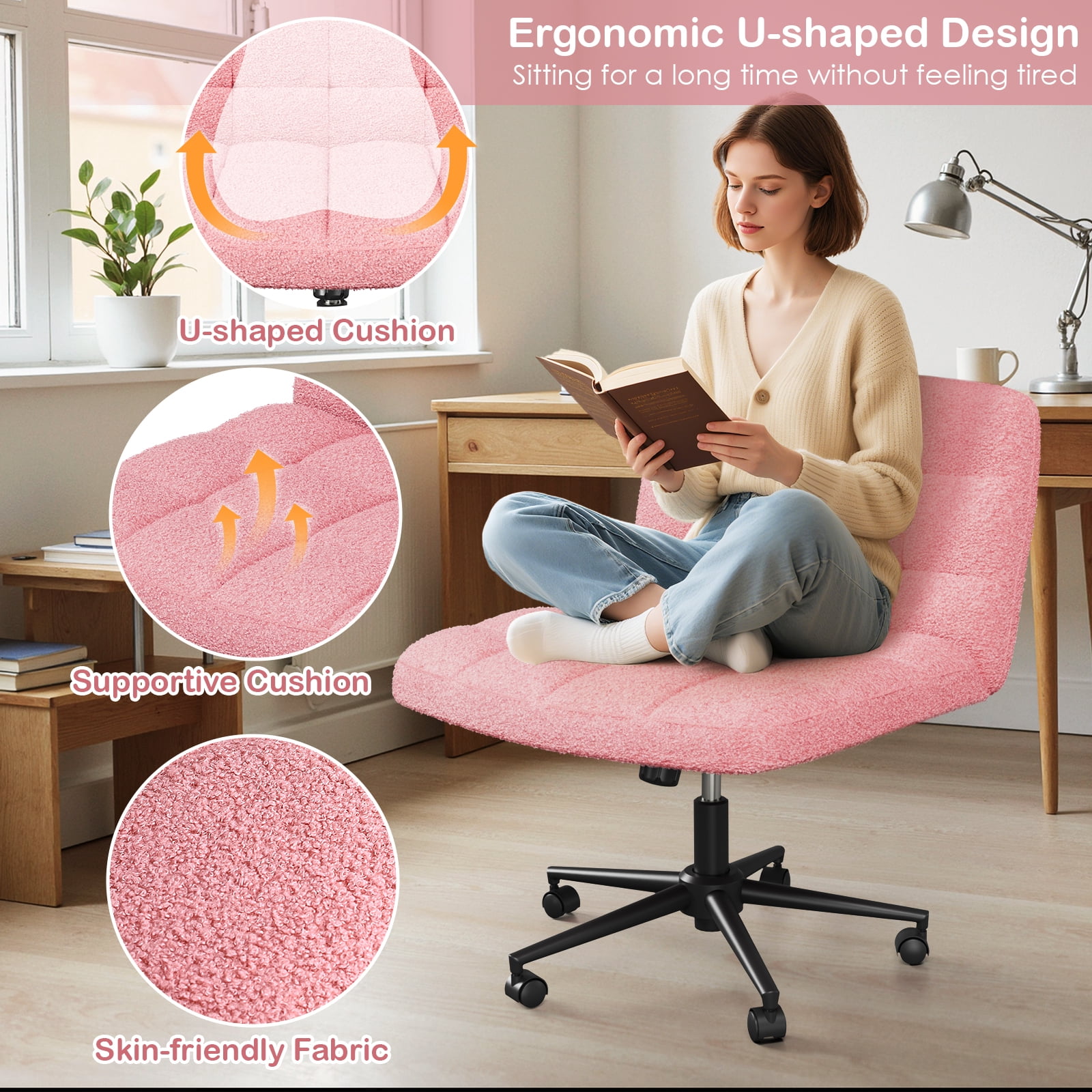 Pirecart Swivel Criss Cross Legged Office Chair, Armless Desk Chair with Wheels, Height Adjustable Vanity Chair with Comfy Cushion for Office, Vanity, Bedroom, Sherpa Fleece, Pink