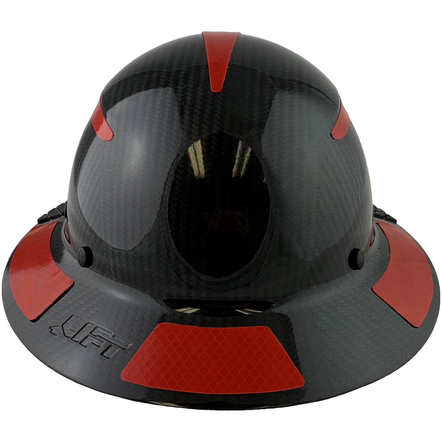 Lift Safety Helmet -  Actual Carbon Fiber Full Brim Hard Hat - Glossy Black with Red Reflective Decals with Hard Hat Tote Bag