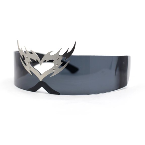 Flaming Heart Crown Tiara Futuristic Wrap Around Shield Sunglasses Black
