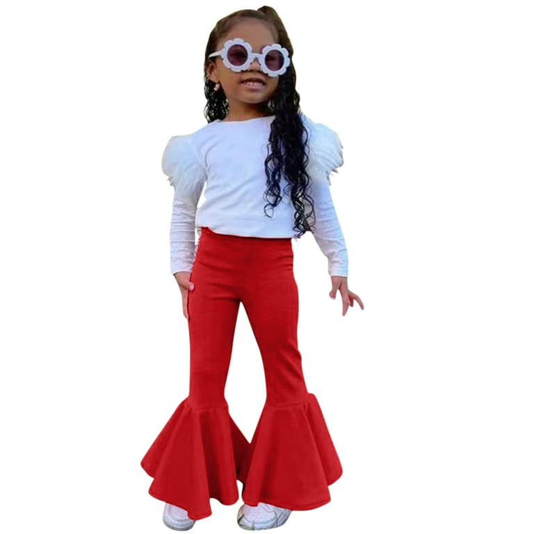 ZMHEGW Toddler Fall Outfits Girls Long Sleeve Solid Ribbed T Shirt Tops  Bell Bottoms Flare Pants Outfits Set 