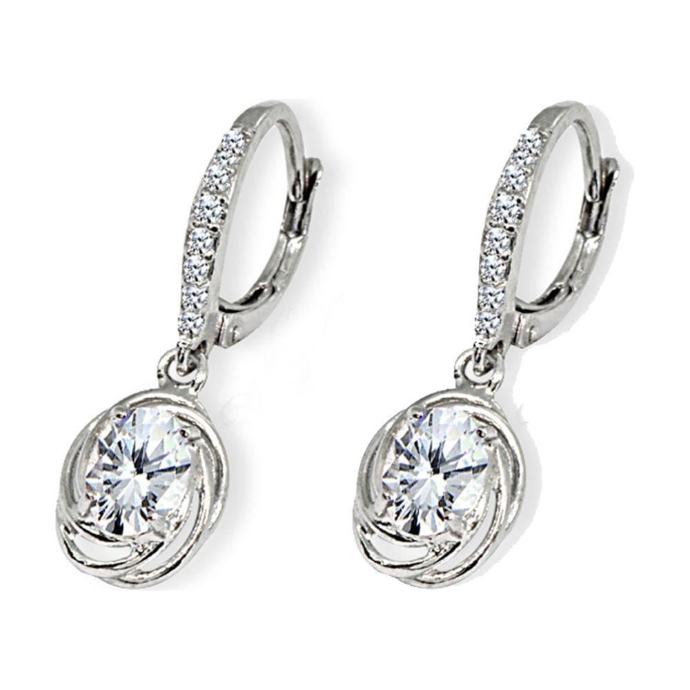 Cubic Zirconia 7x5mm Oval Love Knot Sterling Silver Leverback Dangle Earrings