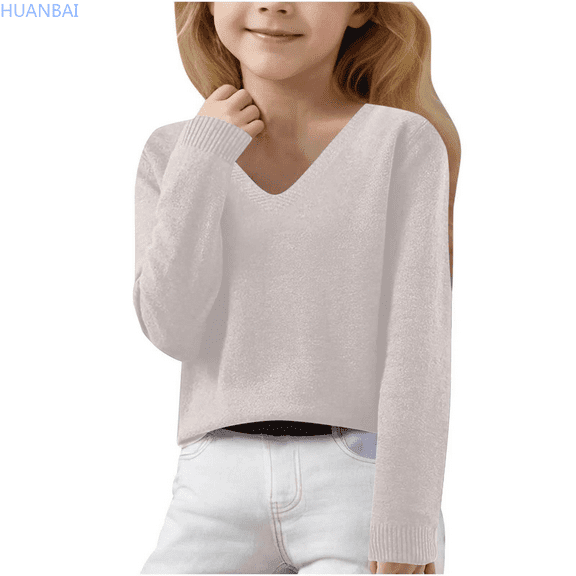 HUANBAI Girls Sweaters For Autumn And Winter Long Sleeve V Neck Knit Pullover Sweaters For Children Kids Girls Crewneck Long Sleeve Sweater 130