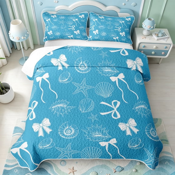 Manfei Coastal Starfish Scallop Quilt Full,Ribbon Bow Full Bedspread Sets,3 Pieces,1 Coverlet and 2 Pillowcases