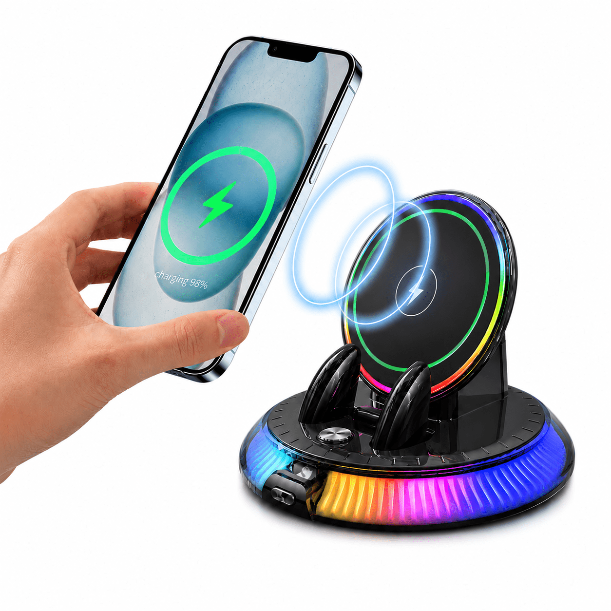 Car Phone Holder, 360° Rotating Wireless Charging with RGB Light