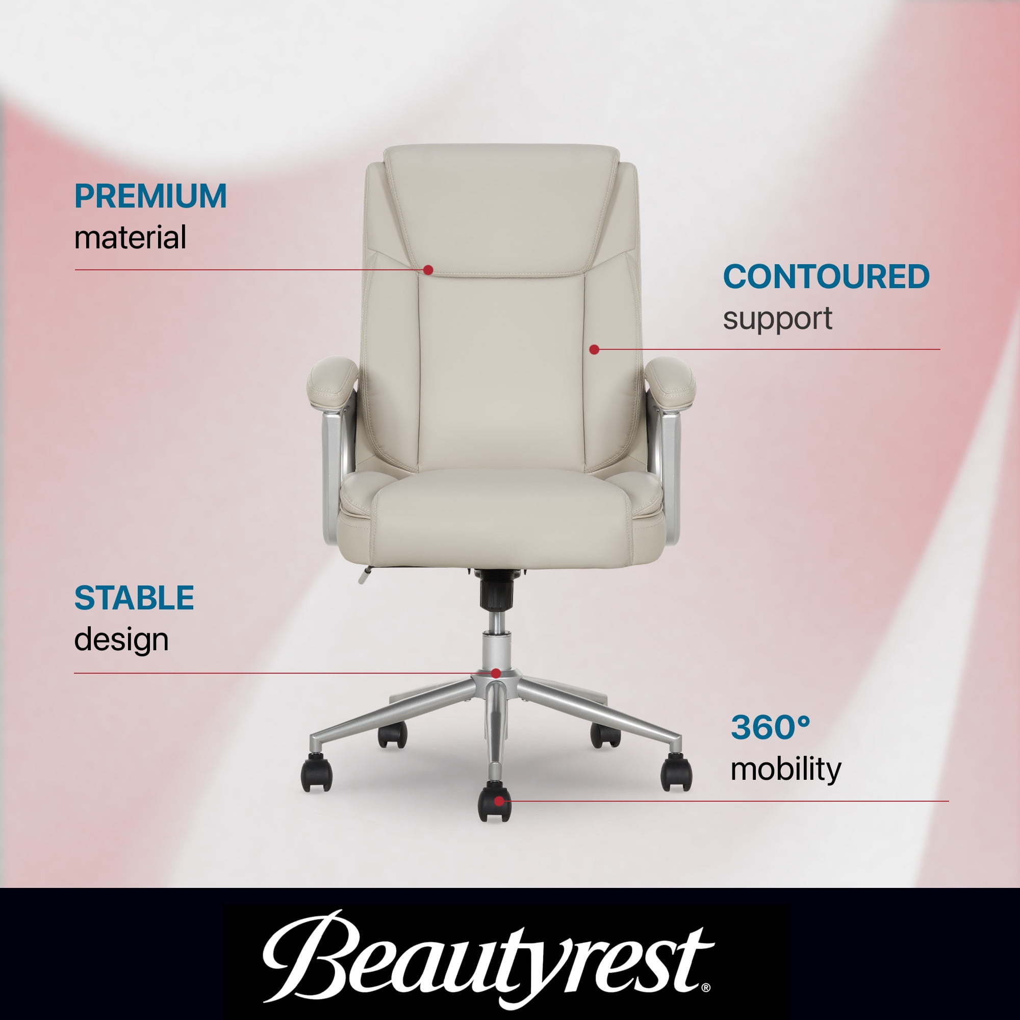 Beautyrest Beyla Ergonomic Manager Office Chair with Padded Armrest for Teens and Adults, Ivory