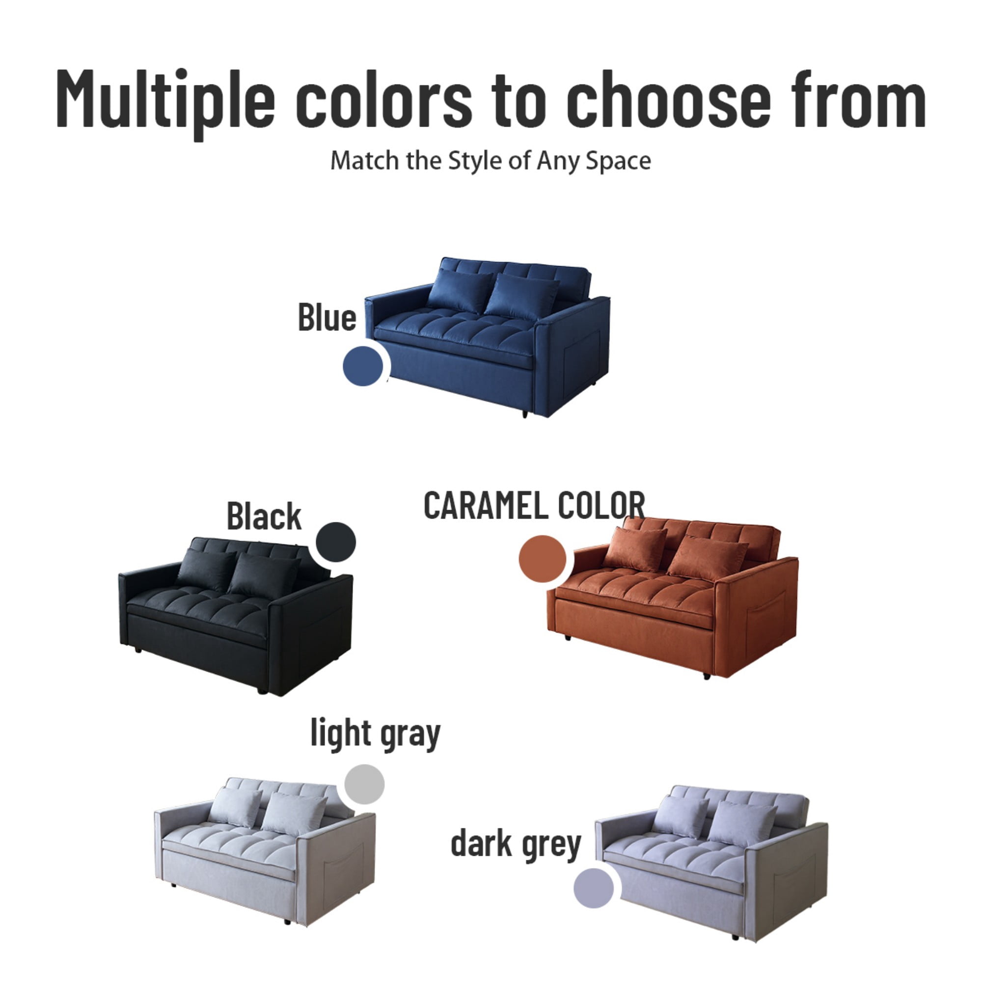 BSHTI 51.1" Pull-Out Sleeper Sofa Bed, Twin-Size Fold Out Sleeper, With 3 Angles Backrest Reclined, Velvet Upholstery, Side Storage Pocket and Two Pillows, Blue