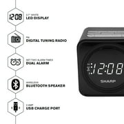 SHARP FM Clock Radio with Bluetooth Speaker, FastCharge 2 amp USB Charge Port, Wake to Alarm or Radio, Dual Alarms, Easy to Read LED White Display, Simple to Use, Easy to Read at a Glance