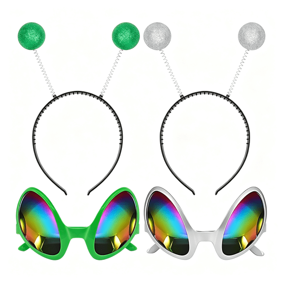 BZCOE Alien Headbands and Glasses – Martian Antenna Headbands – Glitter Ball Head Boppers – Space Theme Costume Accessories (Sparkling Alien Headband Silver & Green)