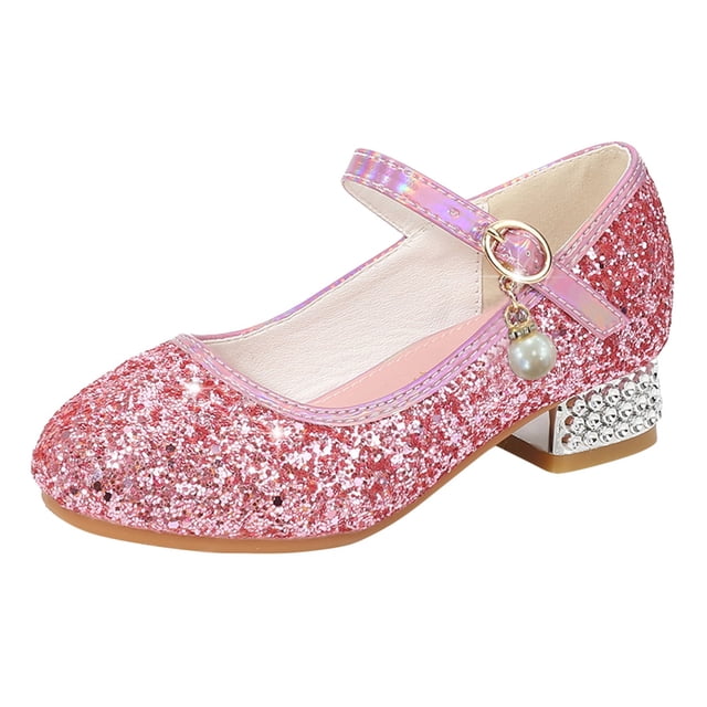 GiLiling Robe Pailletée pour Petite Fillette, Députée, Talons Bas de Princesse Scintillants avec Détail en Strass, Chaussures Mary Jane pour Fête, Mariage, Danse, École (Rose, 5 Ans)