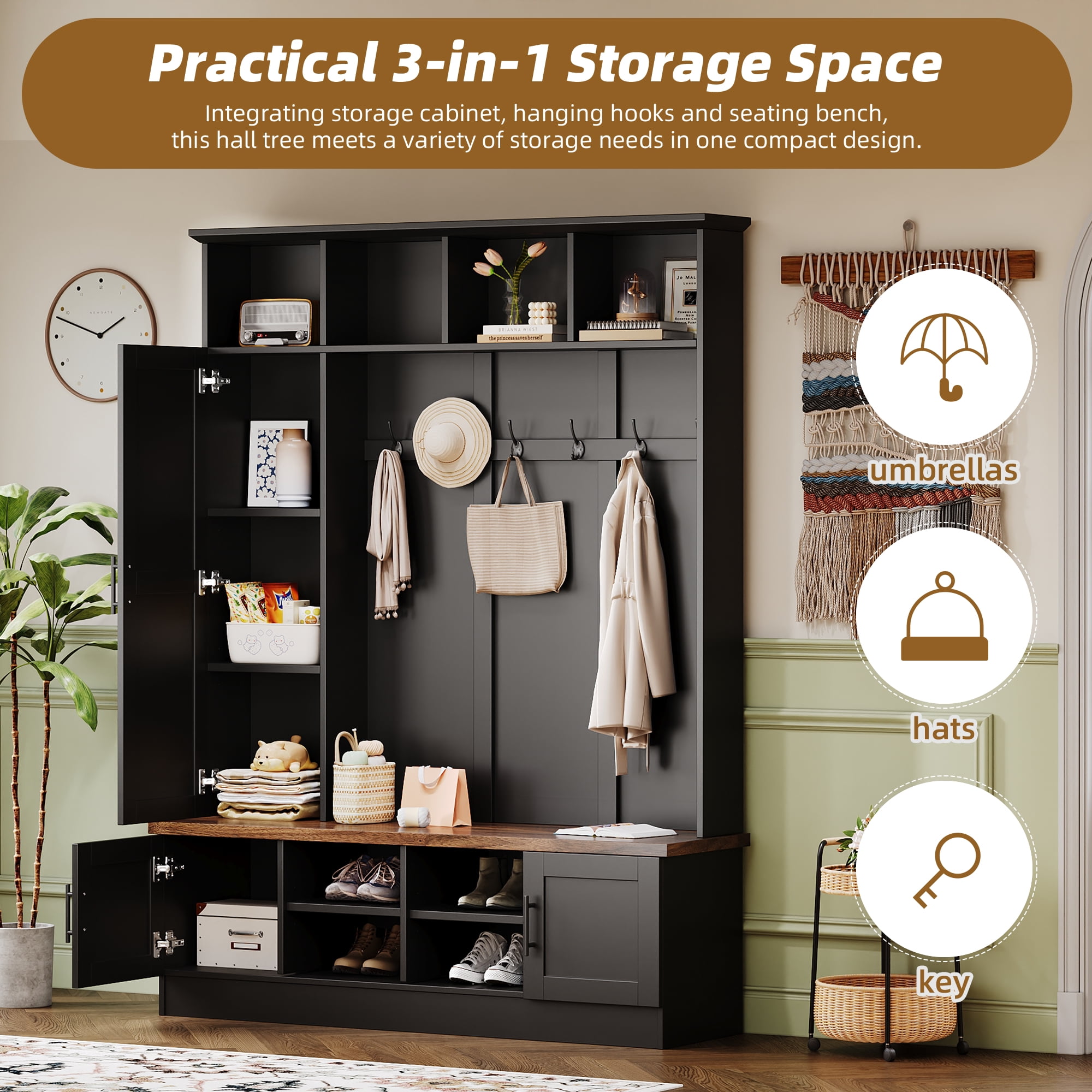 Euroco Versatile 3-in-1 Hall Tree with 6 Hooks, Farmhouse Walnut Storage Bench with Adjustable Shelves, 55"W Entryway Coat Rack with Multiple Storage Space