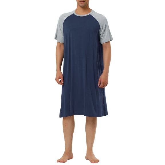 INSPIRE CHIC Men's Nightshirt Raglan Short Sleeve Comfy Lounge Soft Loose Nightgown L Navy Blue Light Gray