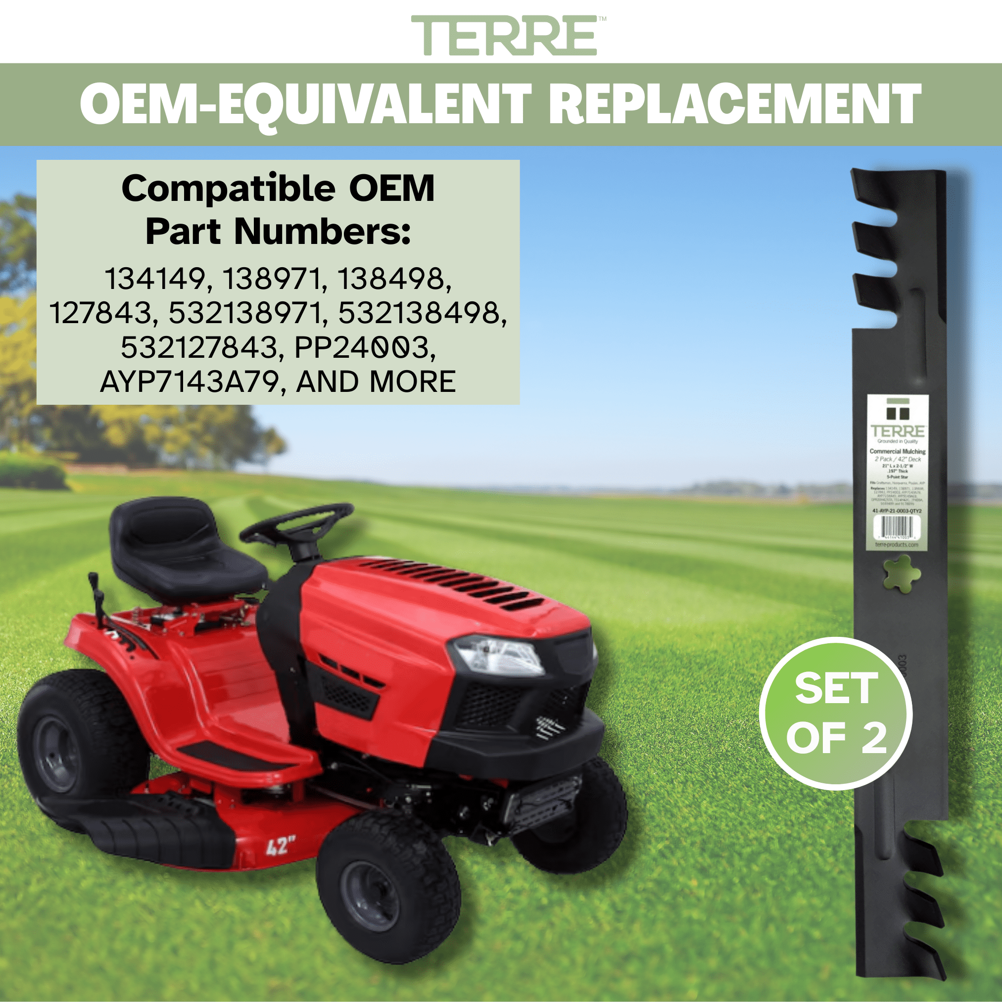Terre Mulching Lawn Mower Blades, 42 Inch, for Craftsman and Compatible Models