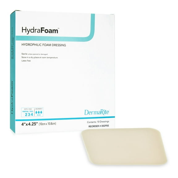 HydraFoam Foam Dressing 4 x 4.25" Rectangle No Border Waterproof Backing 00295E 10 per Box