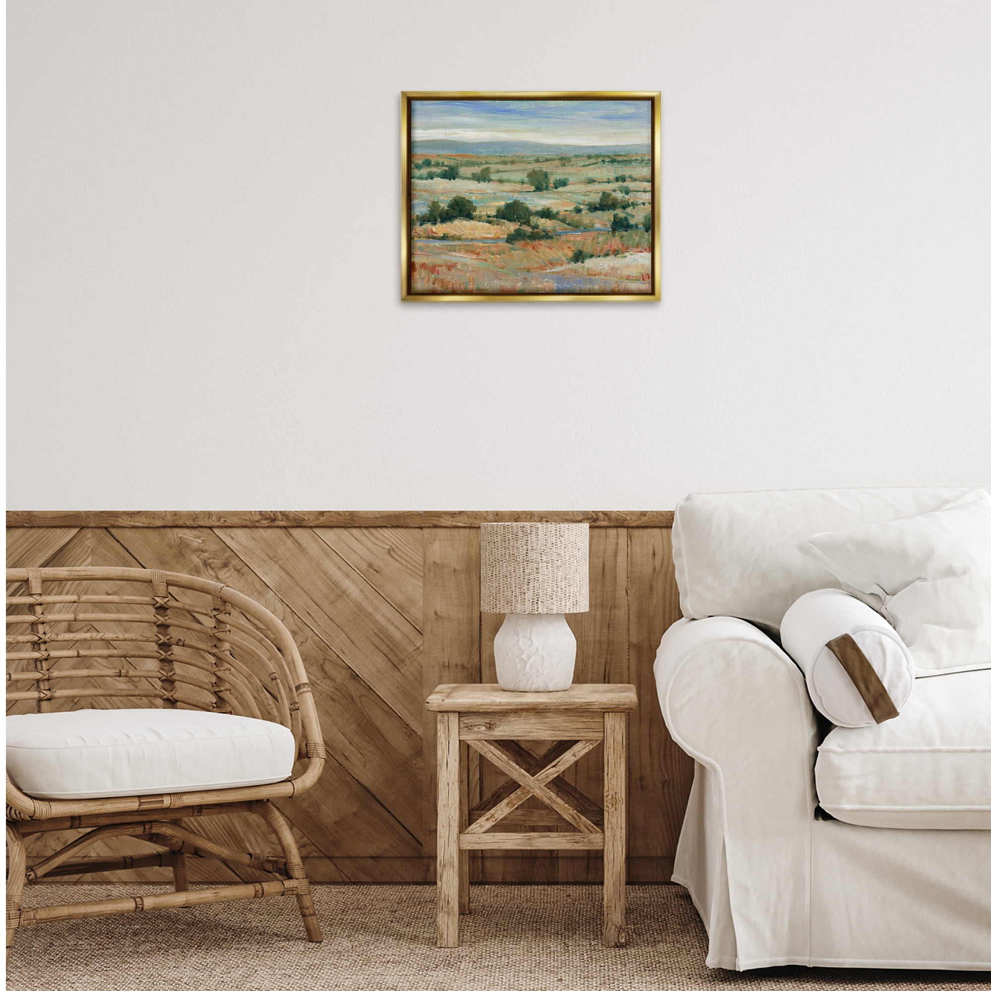 Stupell Industries Distant Farmland View Landscape & Nature Painting Gold Floater Framed Canvas Art Print Wall Art, 21 x 17
