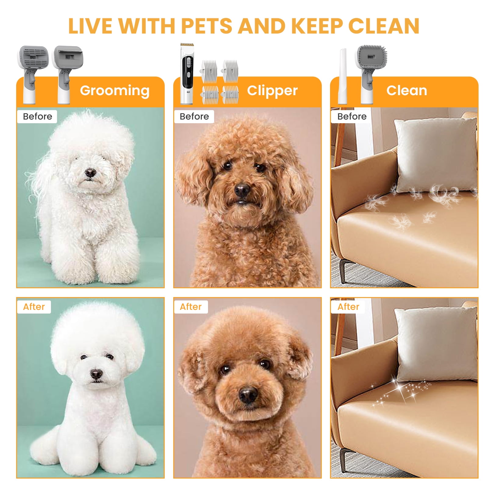AUOSHI Pet Grooming Vacuum for Dogs & Cats, 13000Pa Suction, 5-in-1 Grooming Kit with Low Noise, 2.5L Dust Cup, Wireless Clippers, Deshedding Brush – Professional At-Home Pet Hair Cleaner
