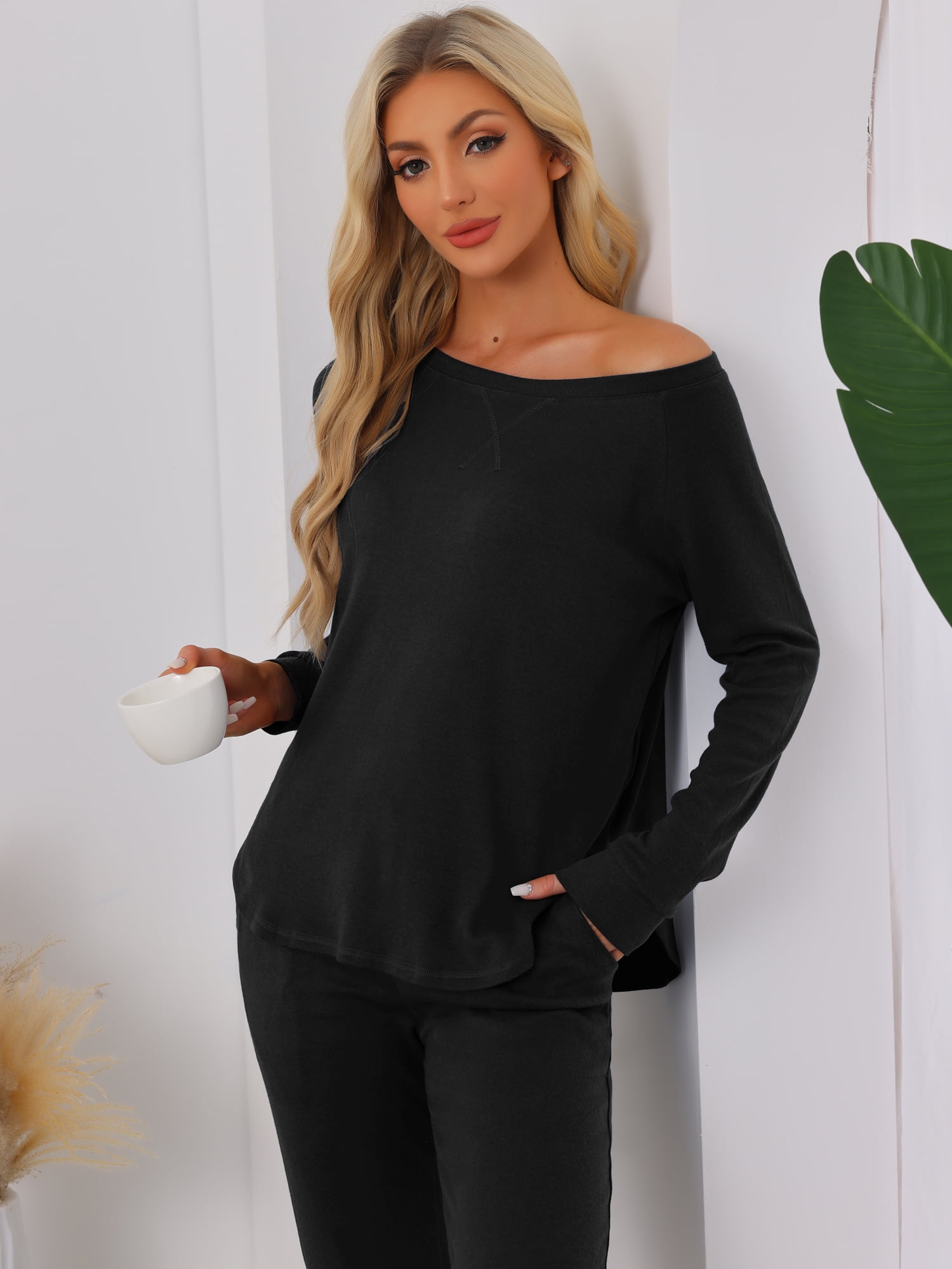 DARING DIVA Women's Travel Outfit Knit Long Sleeve Loungewear Set M Black