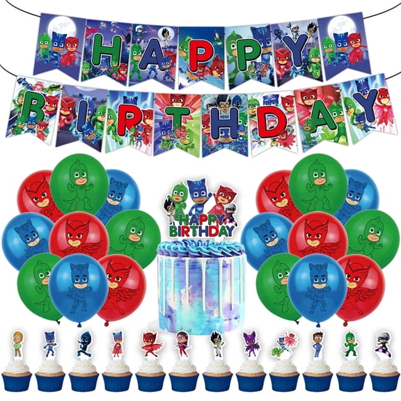 32 Pcs For PJ Masks Theme Birthday Party Decoration Set,Includes Happy Birthday Banner,13 Cupcake Toppers,and 18 Balloons Party Supplies for Celebrations