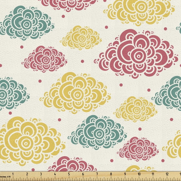 Clouds Fabric by the Yard Upholstery, Abstract Multicolored Cumulus Clouds with Semi Circles and Dots, Decorative Fabric for DIY and Home Accents, 3 Yards, Jade Green Dark Coral by Ambesonne