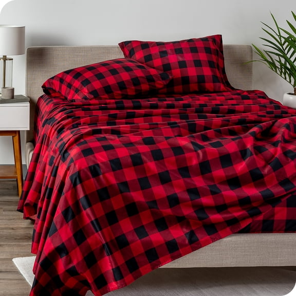 Juego de Sábanas Bare Home Ultra Suaves 1800 4 Piezas Tamaño Completo Cuadros Escoceses Rojo/Negro
