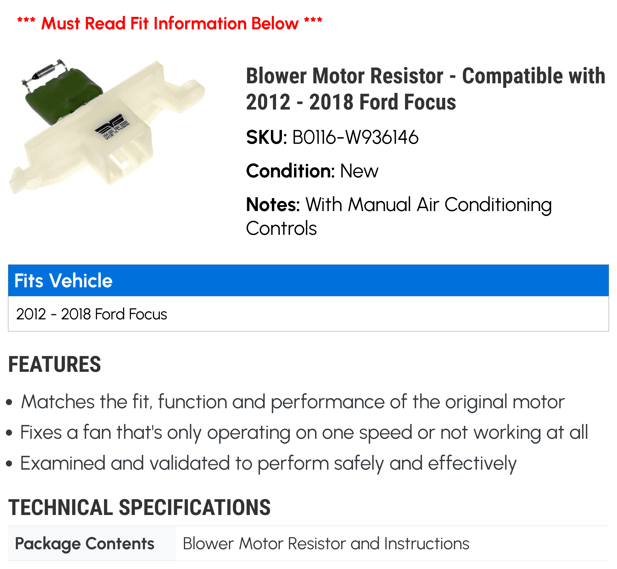 Blower Motor Resistor - Compatible with 2012 - 2018 Ford Focus 2013 2014 2015 2016 2017