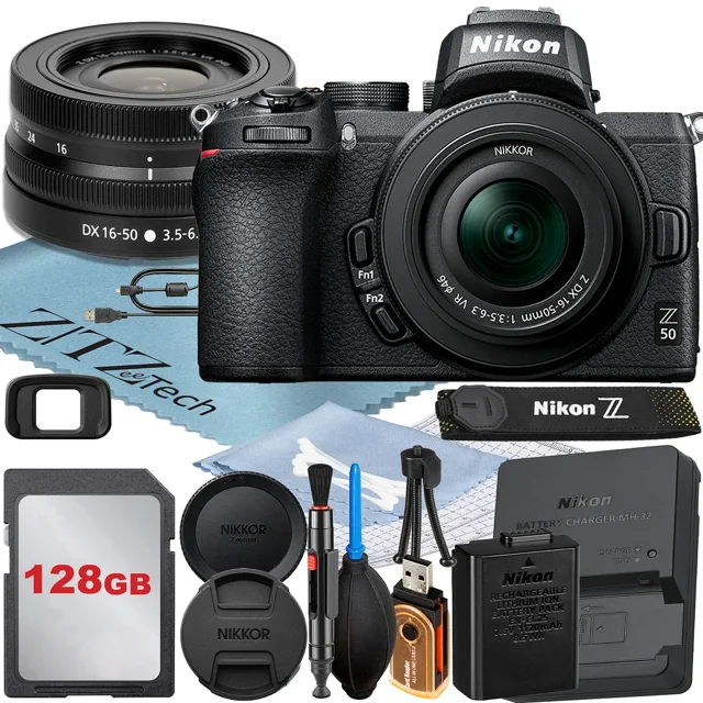 Nikon Z50 Mirrorless Camera with NIKKOR Z DX 16-50mm VR Zoom Lens + 128GB Memory Card + ZeeTech Accessory Bundle