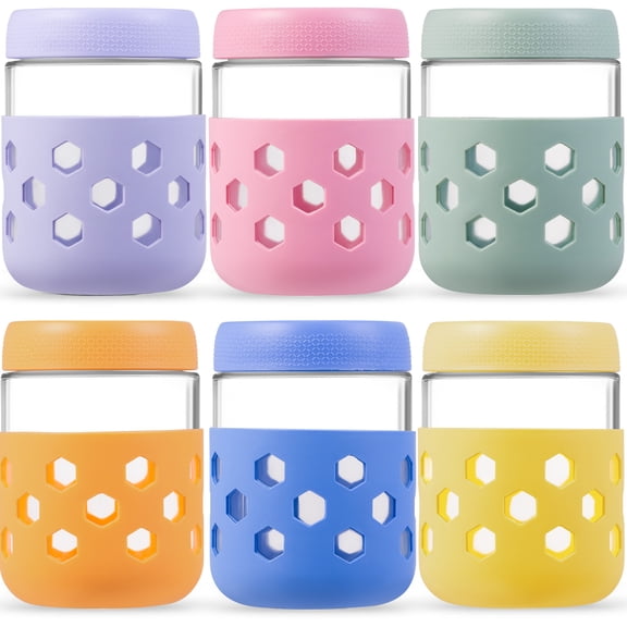 Micebay 6-Pack 16 oz Overnight Oats Containers with Lids and Silicone Sleeves, Glass Mason Jars with Airtight Lid, Dishwasher Safe, Meal Prep Jar