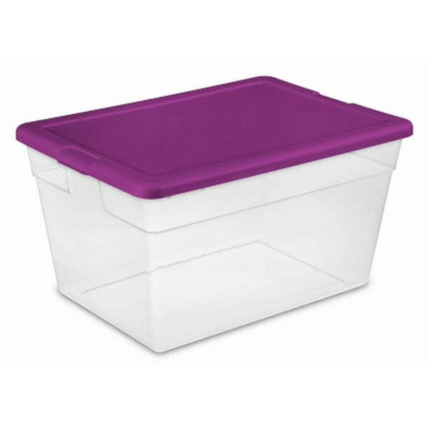 Sterilite Storage Box, SeeThru With Fuchsia Lid, 56Qt.