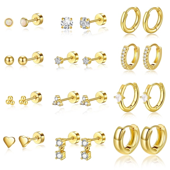 Turandoss Huggie small Hoop Earrings Sets for Women 14K Gold Plated Small Stud Earring Hypoallergenic Lightweight Surgical Steel waterp Gold Earrings Stacks for Multiple Piercings Jewelry Gifts