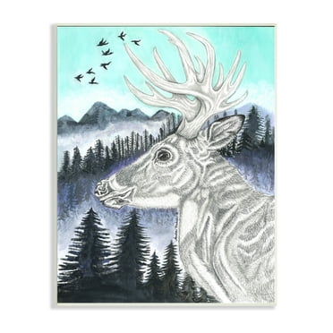 Stupell Indtries Elk Pencil Pattern Portrait Blue Mountain Forest Landscape,13 x 19,Design by Andrea Kochish