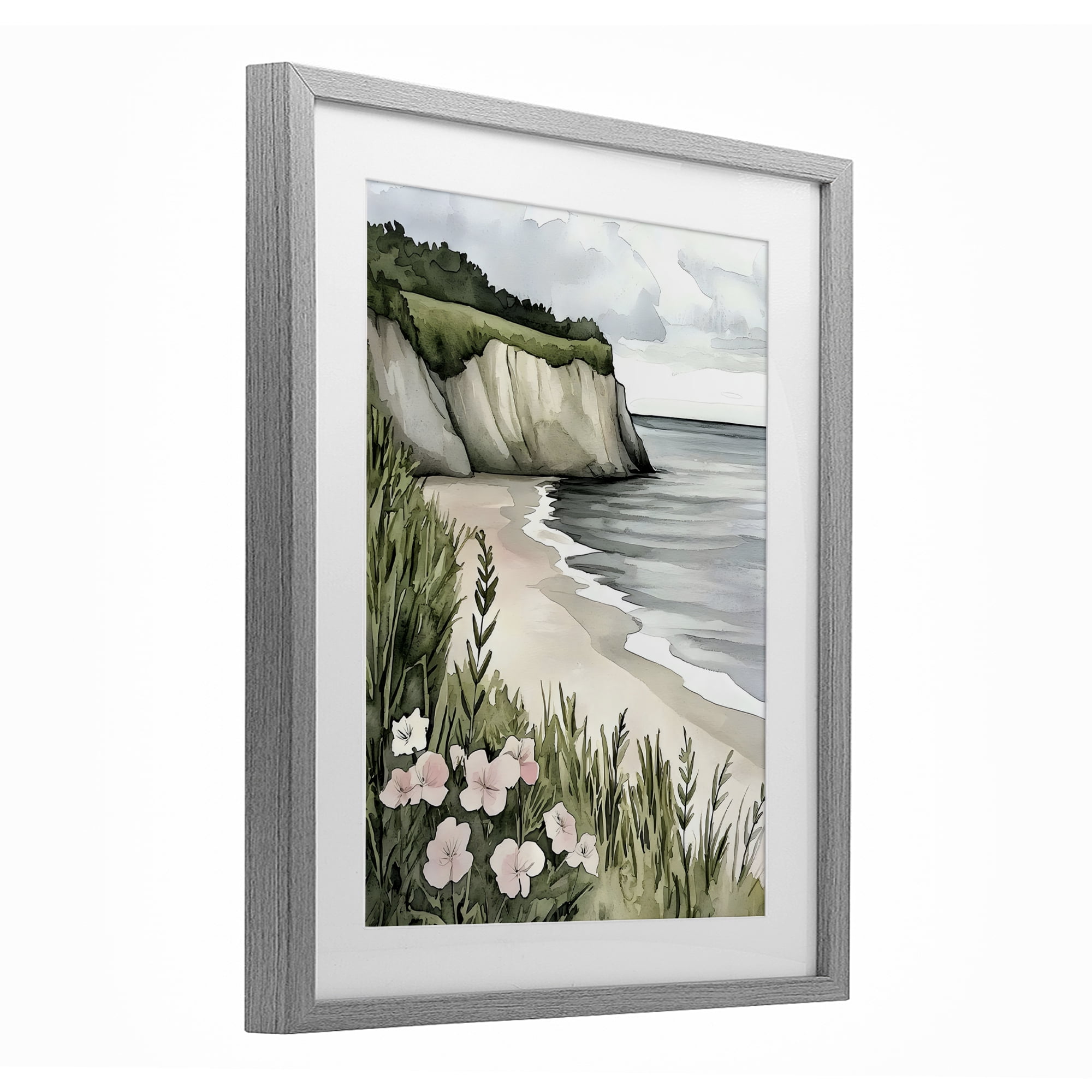 Stupell Industries Coastal Calm with Floral Blooms Gray Framed Print Under Glass, design by Riley B