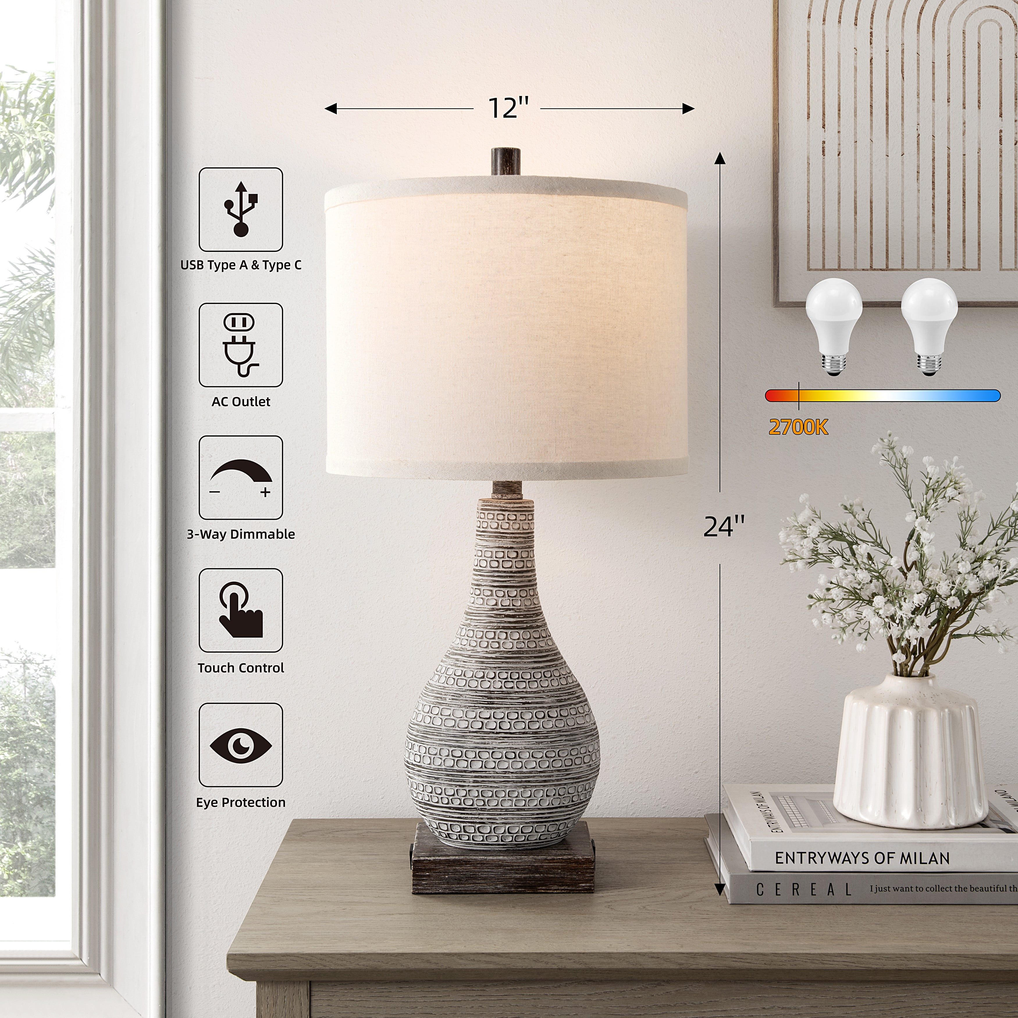 Kyrid 24'' Farmhouse Table Lamps Set with USB & NightLight, 3-Way Touch Control Table Lamps Set of 2 for Living Room (Bulbs Included)