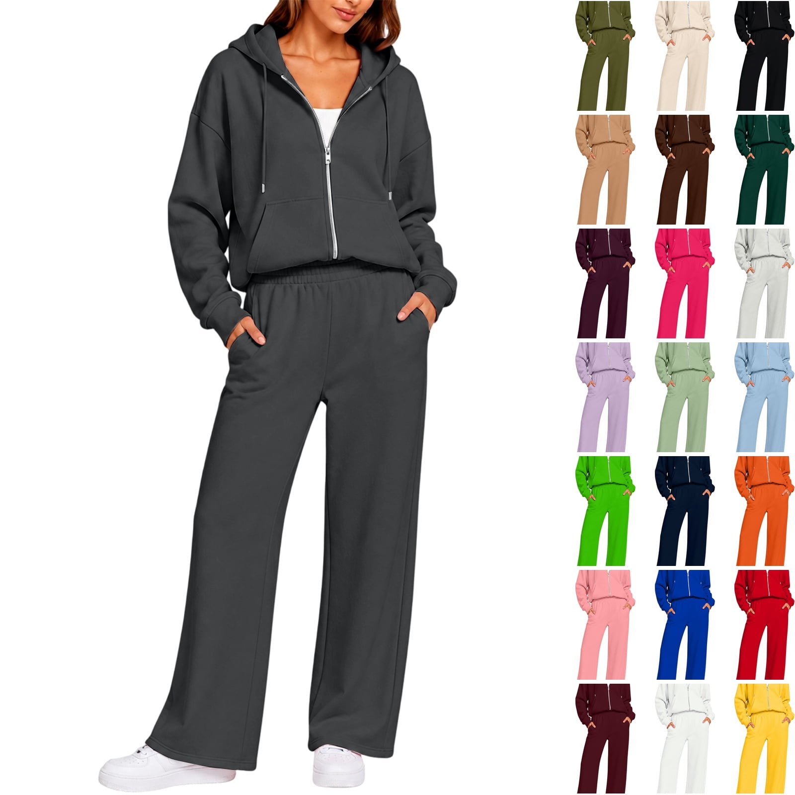 Travel Lounge Sets for Women Basic Long Sleeve Zip Up Hoodies Matching Wide Leg Sweatpants Cute Casual Travel Outfits with Pockets Dark Gray L
