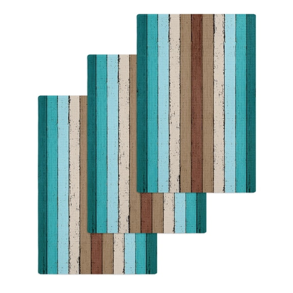 Aqua Teal Hand Towels Set,Waffle Weave Kitchen Towels 3 Pieces,Farmhouse Wood Grain Vintage Brown Striped Microfiber Hair Face Bath Tea Towel Absorbent Quick Drying Cleaning Dish Cloths,15.7"x23.6"