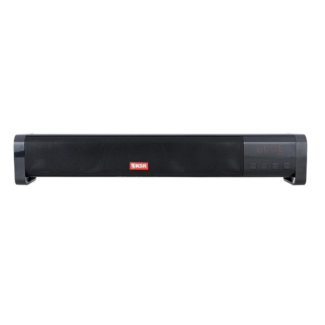 barra de sonido ksr ksw 4000 negro con Bluetooth y TWS, vista frontal centrada de barra rectangular con rejilla metálica frontal y logo rojo KSR en el centro; panel derecho muestra pantalla LED con "BLUE" y cuatro botones, compacto y apto para setups de hogar conforme a especificaciones.