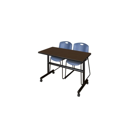 Regency Kobe 48 x 30 in. Flip-Top Training Nesting Table- Neo Walnut 2 Zeng Stack Chairs- Blue