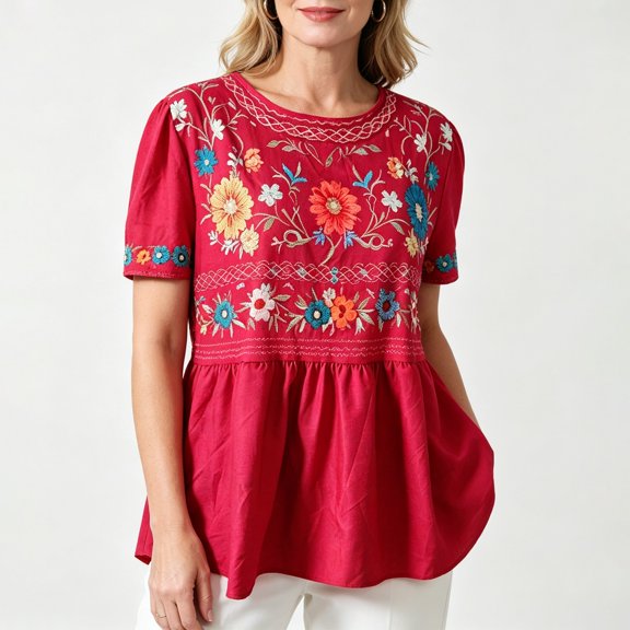 Women's Floral Embroidered Tops Summer Short Sleeve Pleated Peasant Blouses Casual Loose Crew Neck Mexican Shirts Hot Pink L