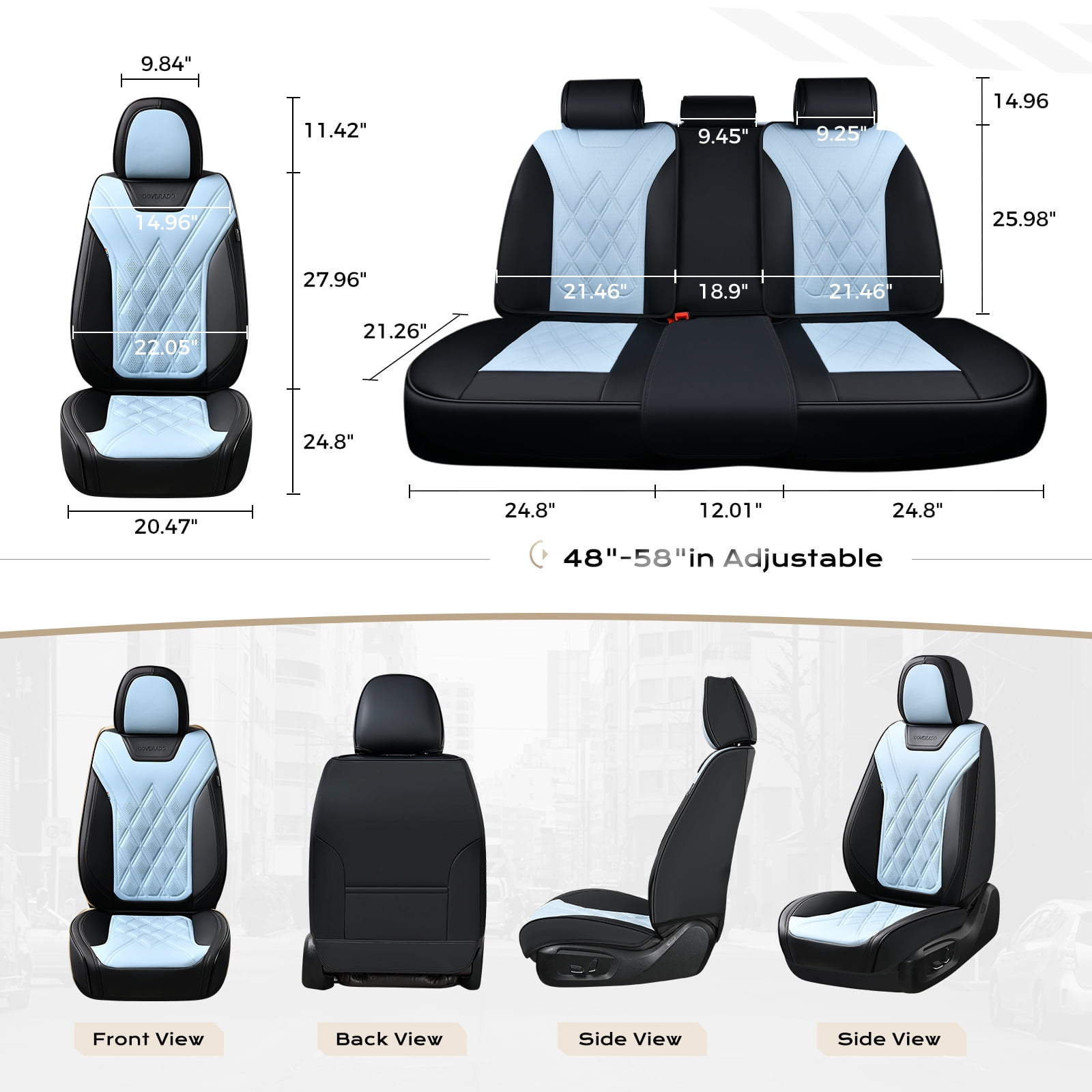Coverado Full Set Covers For Cars, Waterproof Faux Leather Front and Rear Seat Protectors, Auto Cushions Universal Fit for Most Cars, Black&Blue