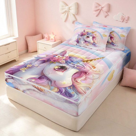 Erosebridal Cute Unicorn Zipper Twin Comforter Sets with Fitted Sheet and 2 Pillowcases for Girls, Watercolor Hearts Rainbow Zipper Bedding Set, Colorful Stars Reversible