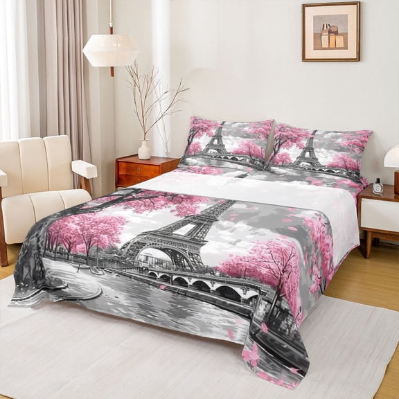 Homewish Pink Cherry Blossom Twin Sheet Sets,Paris Eiffel Tower Twin Fitted Sheet,Chhic Classic Architecture Flat Sheet For Adults,Super Cozy Room Decor,3-Piece